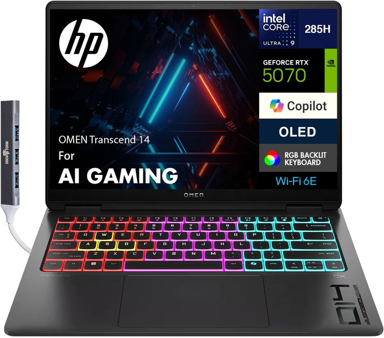 لپ تاپ اچ پی _ HP OMEN TRANSCEND 14 ULTRA 9 285H 64GB DDR5 1TB SSD 8GB RTX 5070 14.1 2K BLACK 120HZ